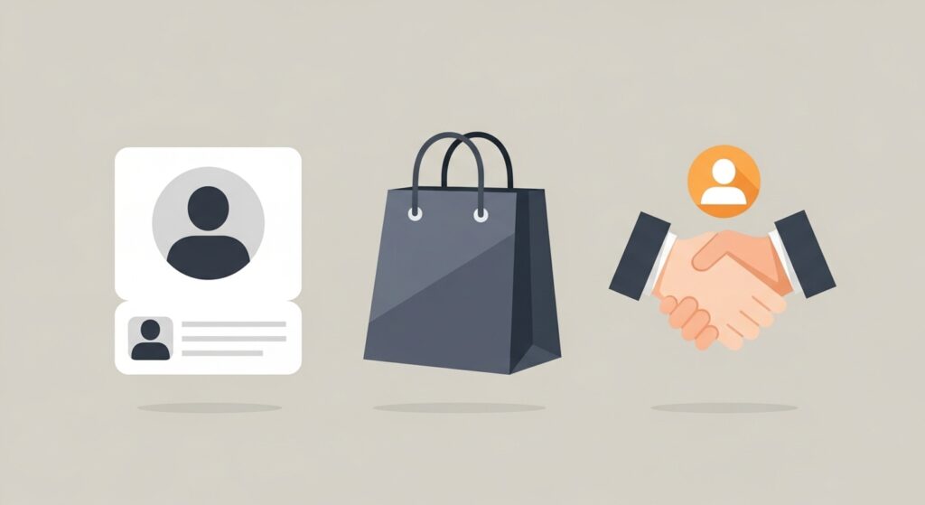 Minimal illustration showing customer profile, shopping bag, and handshake icons representing customer-centric strategy that drives store success.