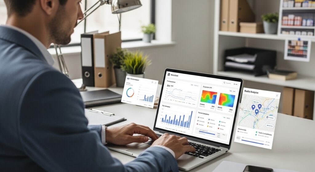 Retail operations manager analyzing performance dashboards and store data using a mobile retail execution solution to monitor execution, analytics, and field activity.