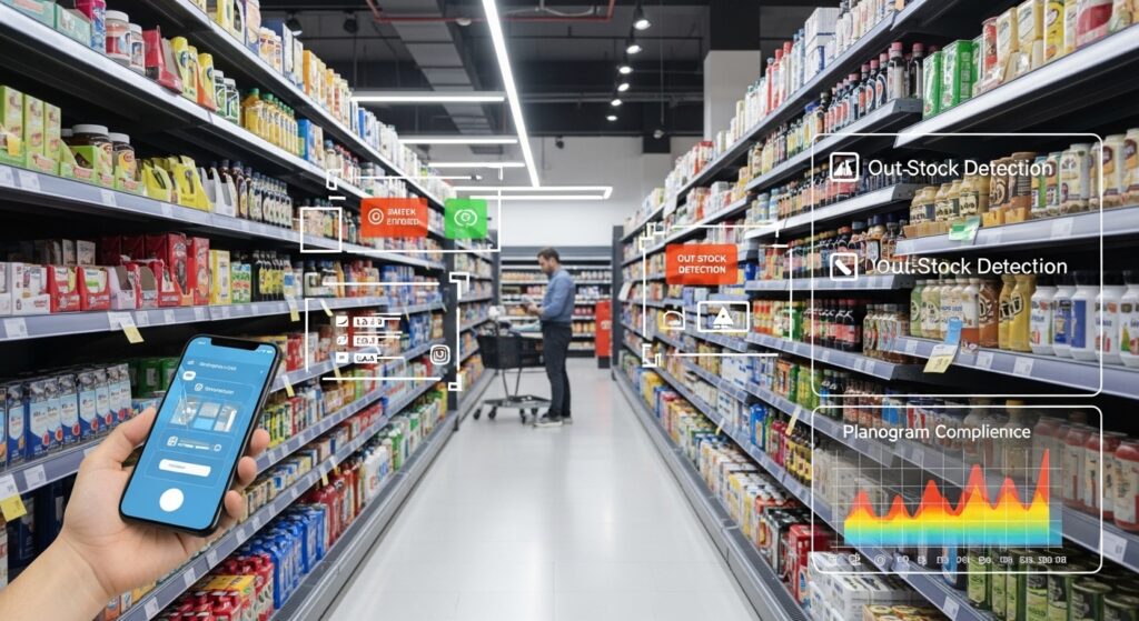 AI-powered shelf scanning in a supermarket using mobile app showing real-time out-of-stock detection and planogram analytics — image recognition in cpg market