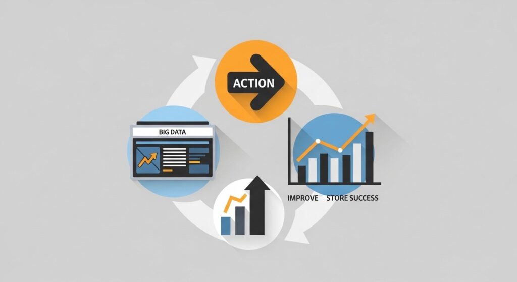 Minimal illustration showing big data dashboard, action icon, and performance growth chart connected in a cycle representing real-time decisions driving store success.