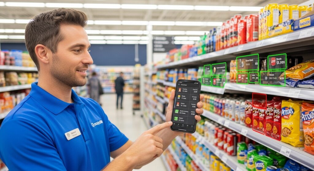 Realistic store associate using mobile AI to scan shelves with image recognition for retail, detecting products, pricing, and stock levels in real time.
