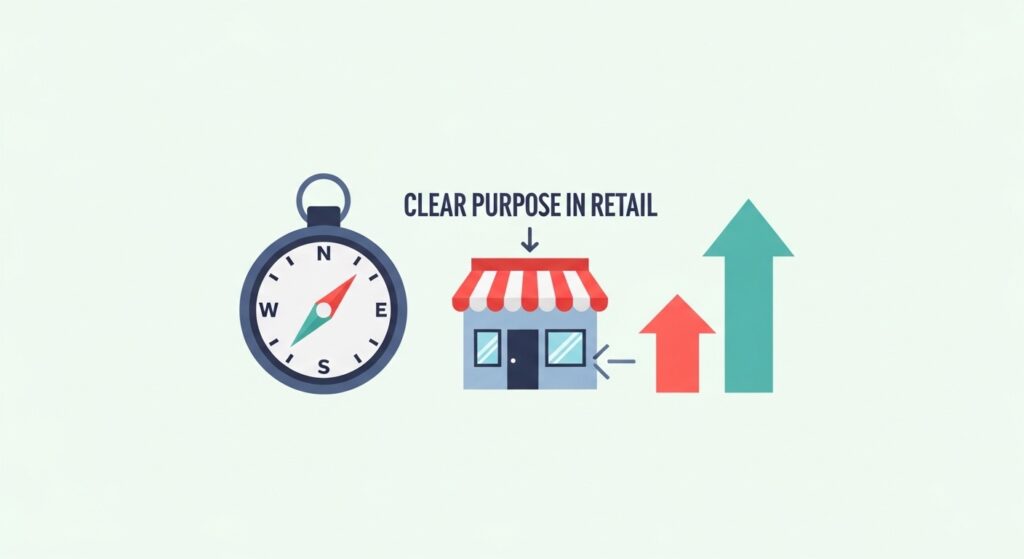 Minimal illustration showing a compass guiding a retail store toward growth, representing purpose-driven strategy and long-term store success.