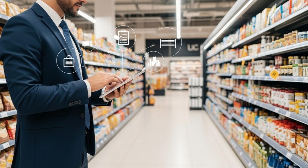 Takım elbiseli bir perakende yöneticisinin mağaza koridorunda tablet kullanarak perakende yönetimi süreçlerini kontrol ettiği modern market ortamı.