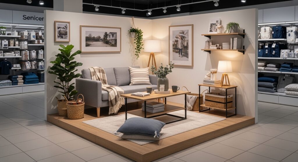 Ev dekorasyonu ürünlerinin yaşam alanı konsepti içinde sergilendiği mağaza içi visual merchandising ve hikaye temelli dekorasyon teşhir örneği