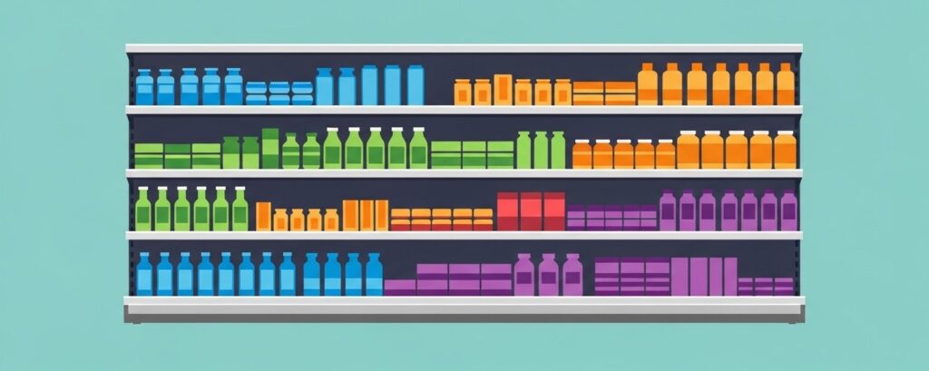 Perakende rafında renk bloklarıyla düzenlenmiş ürün gruplarını gösteren kategori yönetimi görseli