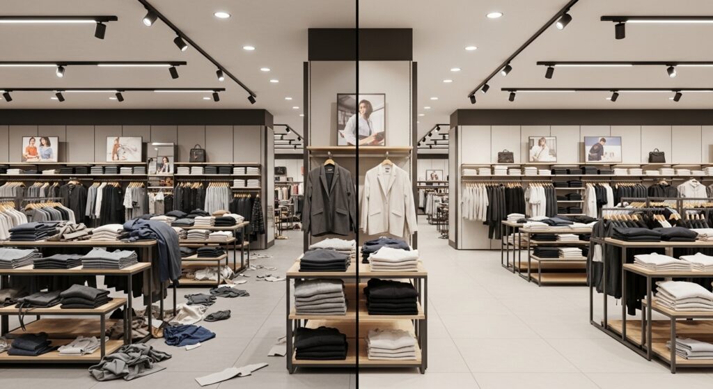 Aynı giyim mağazasının iki farklı durumu: solda dağınık ve düzensiz raflar, sağda ise düzenli yerleşim ve temiz sergileme alanı görülüyor.