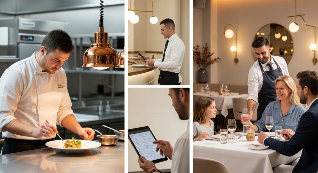 Chef plating a dish, manager reviewing a digital checklist, and waiter serving guests in a modern restaurant representing restaurant quality pillars.
