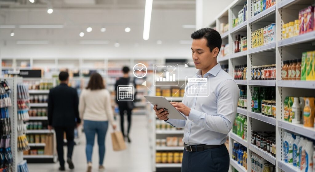 Retail manager analyzing customer traffic and staff scheduling on a tablet inside a store aisle, representing data-driven decisions that improve store success.