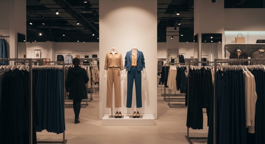 Modern bir giyim mağazasında, ortada sergilenen iki manken üzerinde şık kombinler, çevrede düzenli raflarda asılı kıyafetler ve alışveriş yapan bir müşteri görülüyor.