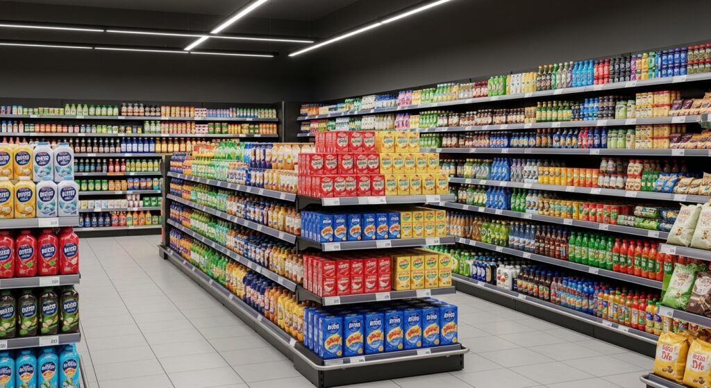 Süpermarket raf sonu kampanya teşhir alanı, düzenli ürün yerleşimi ve yüksek görünürlüklü FMCG end-cap sergileme örneği