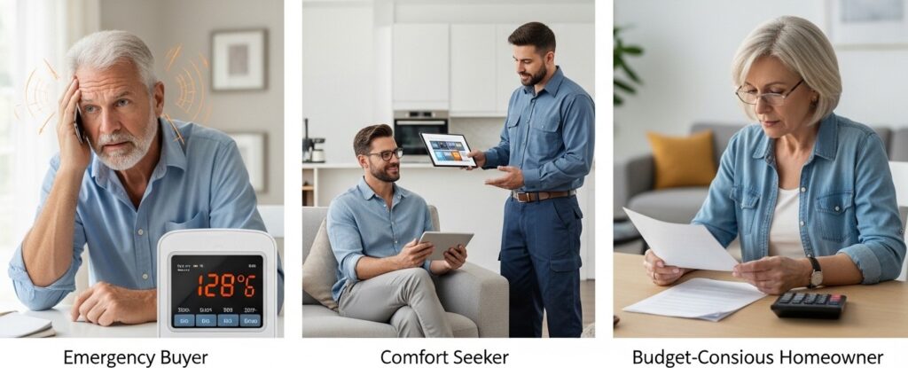 HVAC advertising visual showing three customer personas: emergency buyer, comfort seeker, and budget-conscious homeowner evaluating HVAC services