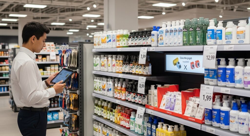 A modern retail store shelf with neatly organized products and cross-merchandising display, featuring an employee using a tablet, demonstrating effective merchandising solutions in a clean, professional environment.