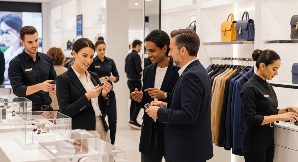 Retail sales ideas in action showing professional staff assisting customers in a modern retail store with premium product displays and personalized shopping experience
