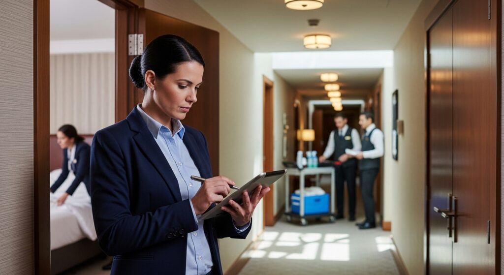 Modern bir otelde profesyonel bir denetçinin tablet kullanarak oda ve operasyon süreçlerini kontrol ettiği otel denetimi sahnesi.