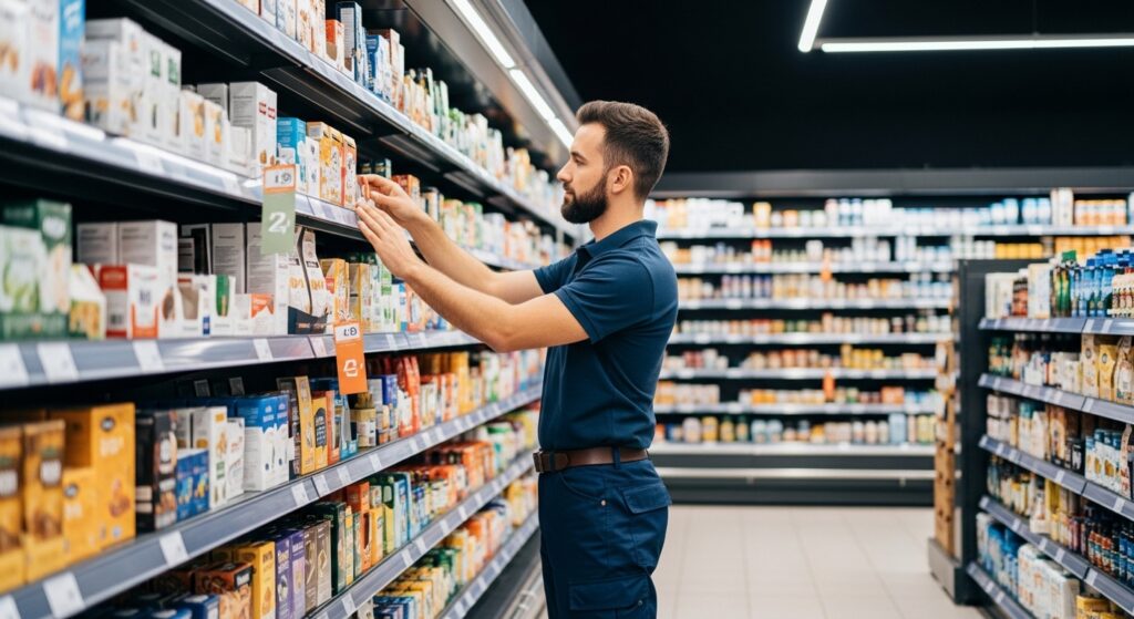 Mağaza raflarını düzenleyen bir merchandiser’ın merchandising uygulaması sırasında ürün yerleşimini kontrol ettiği modern perakende ortamı