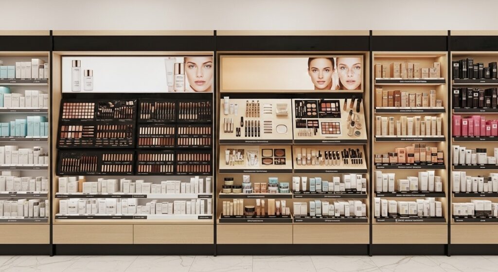 Ultra-realistic beauty retail scene showcasing effective beauty merchandising with category zones, a shade wall, skincare hero display, and cross-merchandising flows, captured in natural lighting.