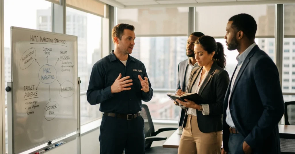 HVAC professionals discussing marketing strategies in a modern office, reviewing HVAC advertising and lead generation plans on a whiteboard.