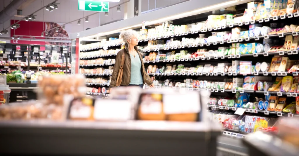 Shopper checking product availability on supermarket shelves, highlighting on-shelf availability in retail