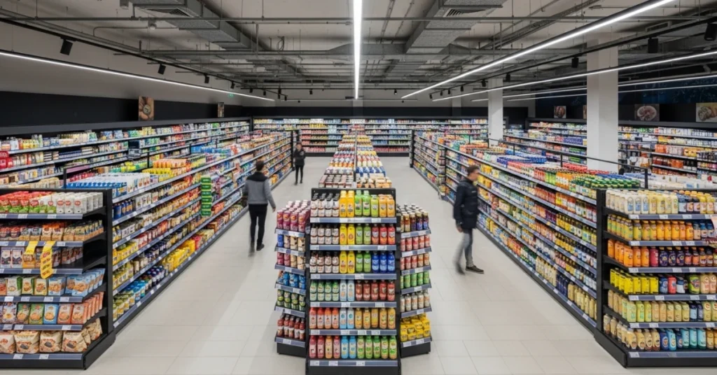 Modern bir süpermarkette düzenli raf yerleşimi, planograma uygun ürün dizilimi ve geniş koridorlu reyon düzeni
