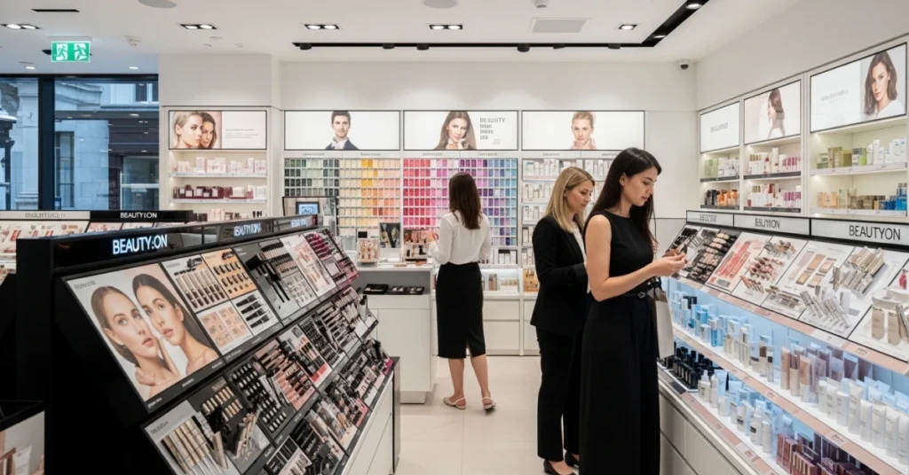 Beauty merchandising execution showing organized cosmetics displays, shade wall, and structured skincare and makeup product presentation in a modern beauty retail store