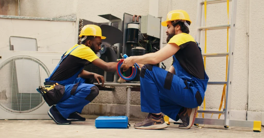 Two HVAC technicians performing maintenance on an outdoor air conditioning unit using professional tools and safety gear.