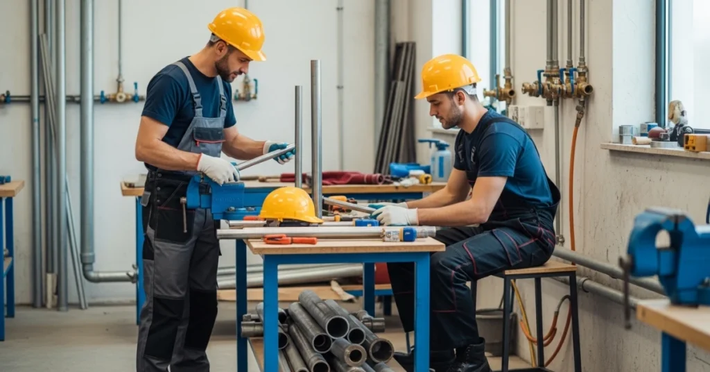 Two professional plumbers wearing safety helmets working with pipes and tools in a plumbing workshop, demonstrating hands-on technical training and trade skills.