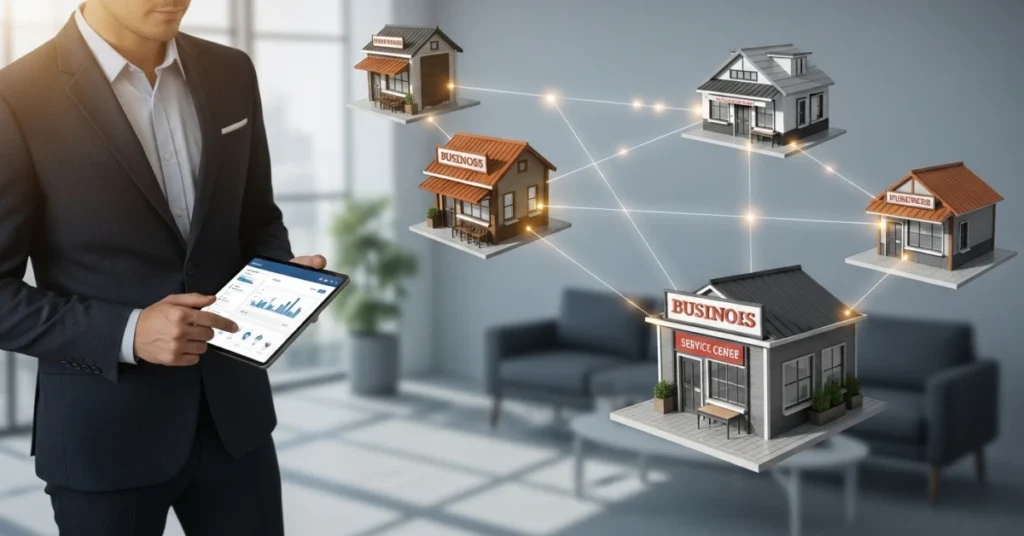 Business owner reviewing analytics on a tablet while connected multi-location stores visualize centralized management with Franchise Tools.