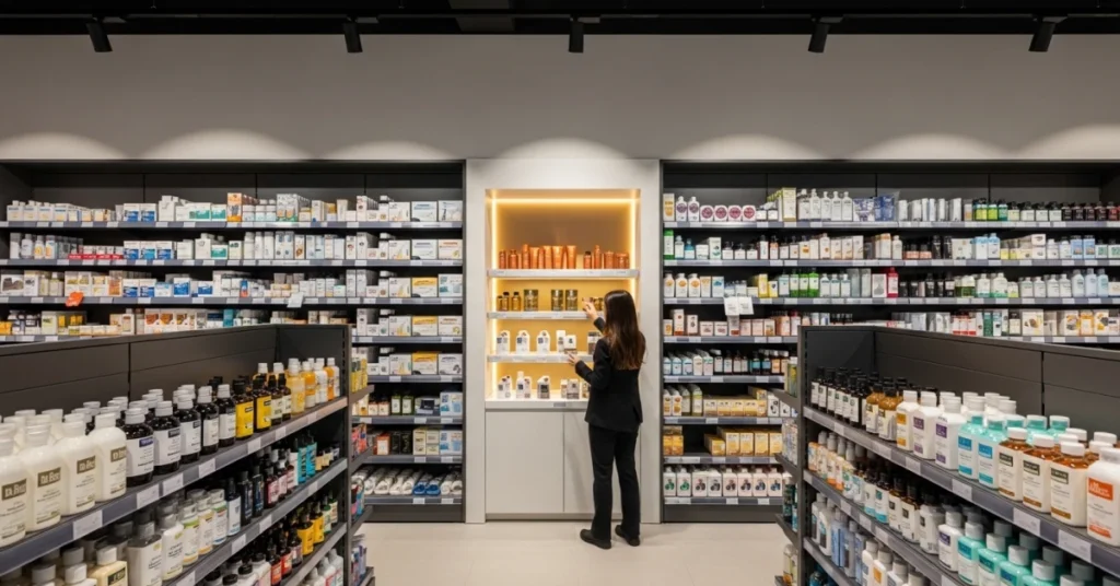 Mağaza görsel düzenleme örneği: göz hizasında konumlandırılmış ürünler, düzenli raf yerleşimi ve odak aydınlatması ile stratejik mağaza içi sergileme