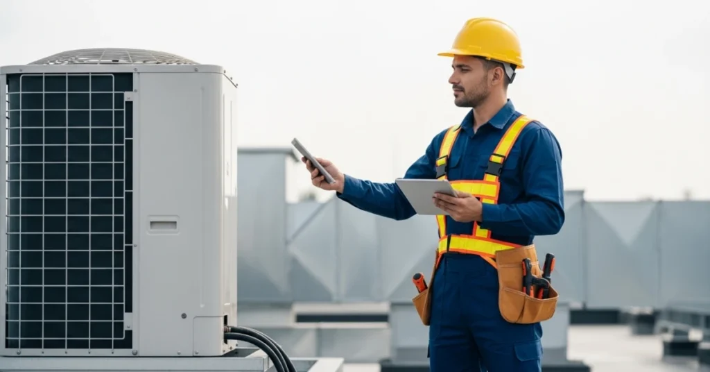 HVAC technician using HVAC Apps on a tablet while inspecting an outdoor air conditioning unit on a rooftop