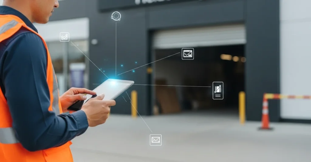 Sahada tablet kullanan saha denetçisi, dijital saha denetim sistemi ile denetim ve kontrol süreçlerini yönetiyor