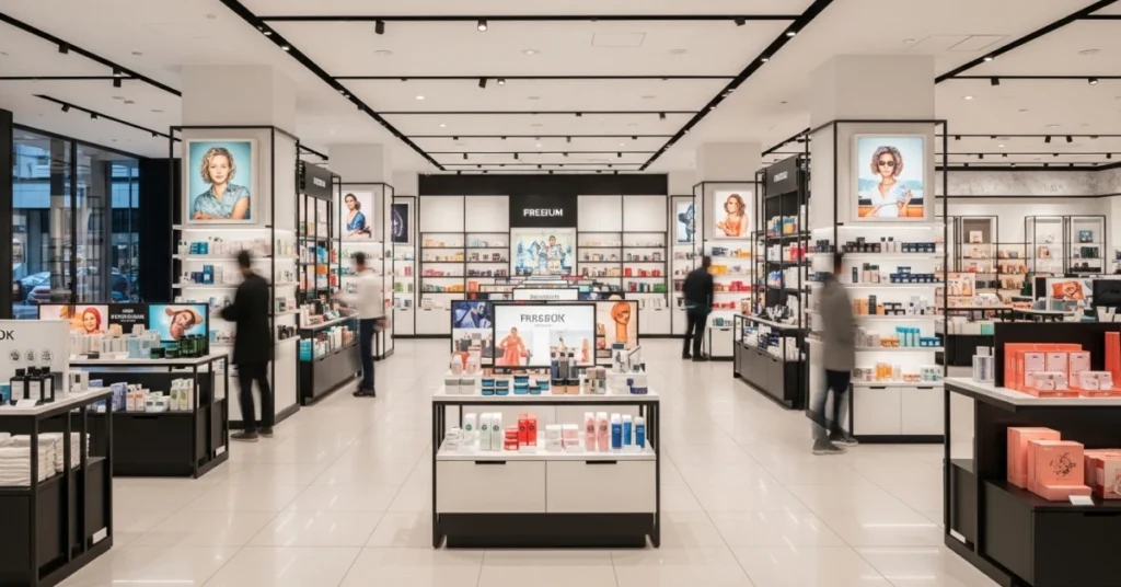 Modern retail store interior with clean visual merchandising, organized shelves, eye-level product displays, and customers browsing in a premium shopping environment