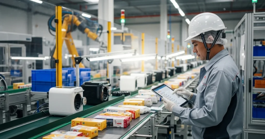 Digital product inspection on a modern consumer goods production line with a quality control inspector using a tablet to check packaged products in a smart factory environment.