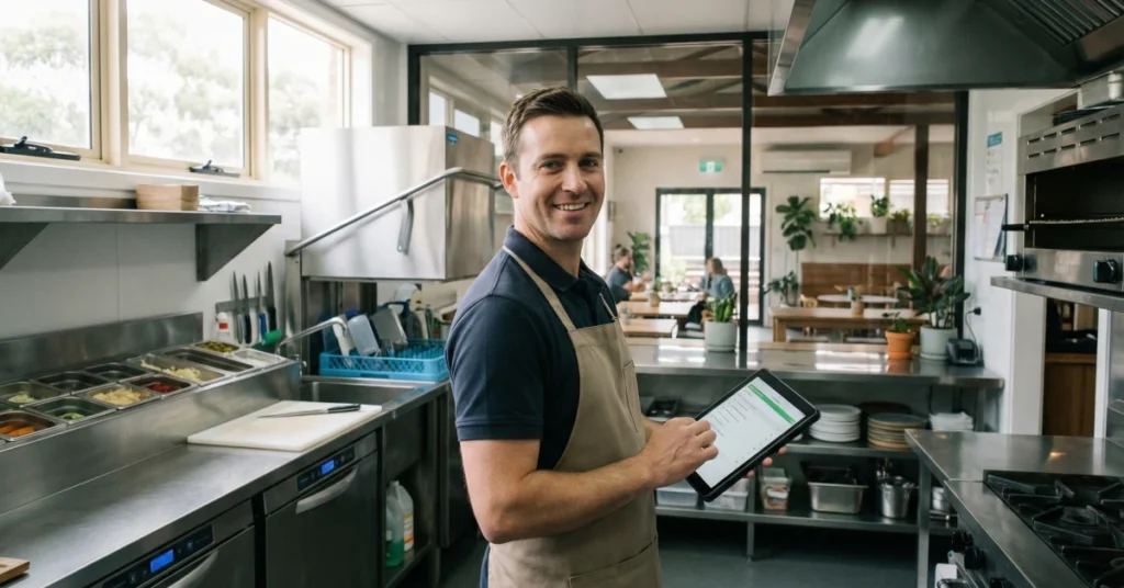 Restoran temizlik ve hijyen standartlarını, temiz ve düzenli bir endüstriyel mutfakta tablet üzerinden kontrol eden restoran yöneticisi