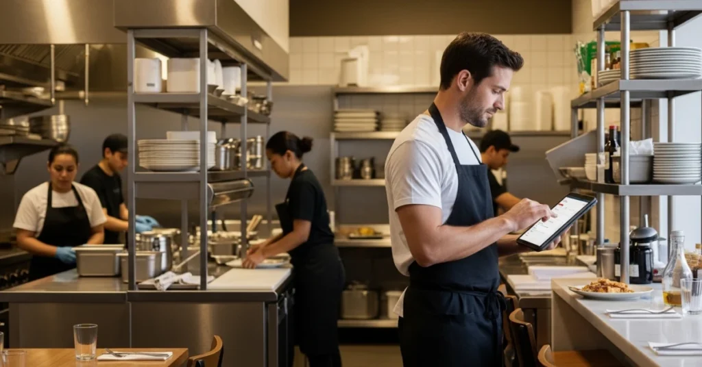 A restaurant manager using restaurant auditing software on a tablet to inspect operations, review checklist items, and monitor compliance while kitchen staff work in a real restaurant environment.