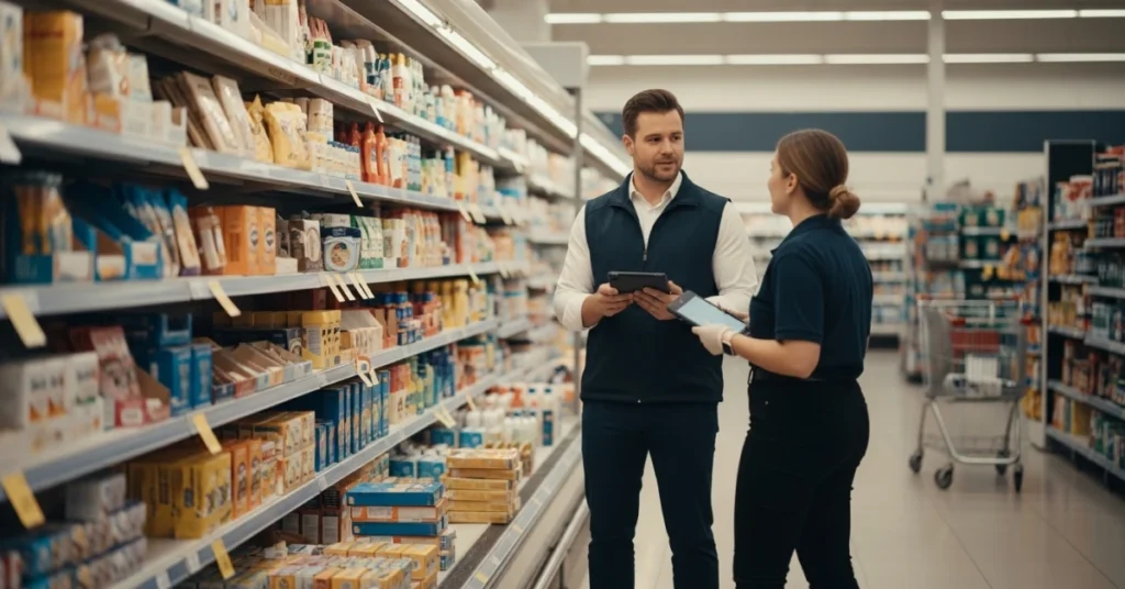 Store supervisor and staff using merchandising software while discussing shelf organization and in-store execution during a retail store visit in a supermarket aisle