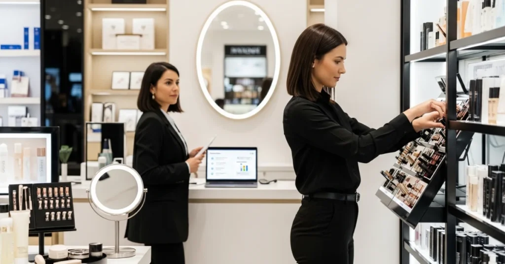 Retail Execution Monitoring Software in use as a beauty store merchandiser adjusts cosmetic display while a supervisor reviews store performance and compliance on a laptop in a modern retail environment.