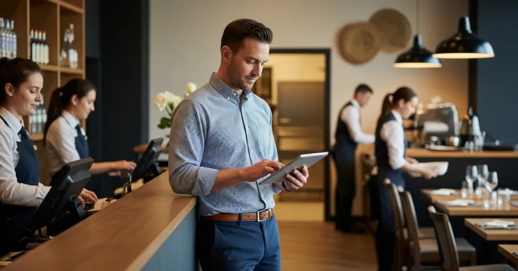 Hospitality manager casually checking schedules on a tablet using Hotel and Restaurant Software while restaurant staff handle daily operations in the background.