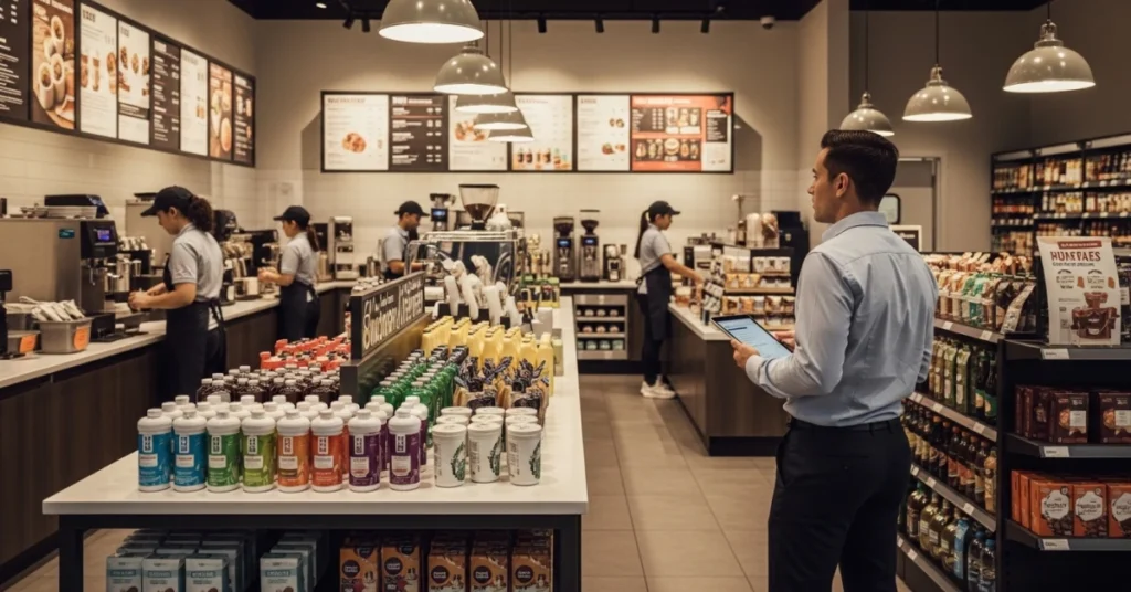 Franchise operations supervisor monitoring store standards and daily operations in a coffee franchise using franchise management software during a routine location visit.