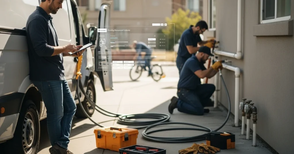 Field supervisor using plumbing software on a tablet while plumbers work on exterior pipes during a residential service job.
