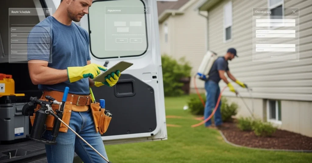 Pest control technician using a tablet with pest control software to manage route schedule, appointments and chemical log during a residential pest treatment service visit.