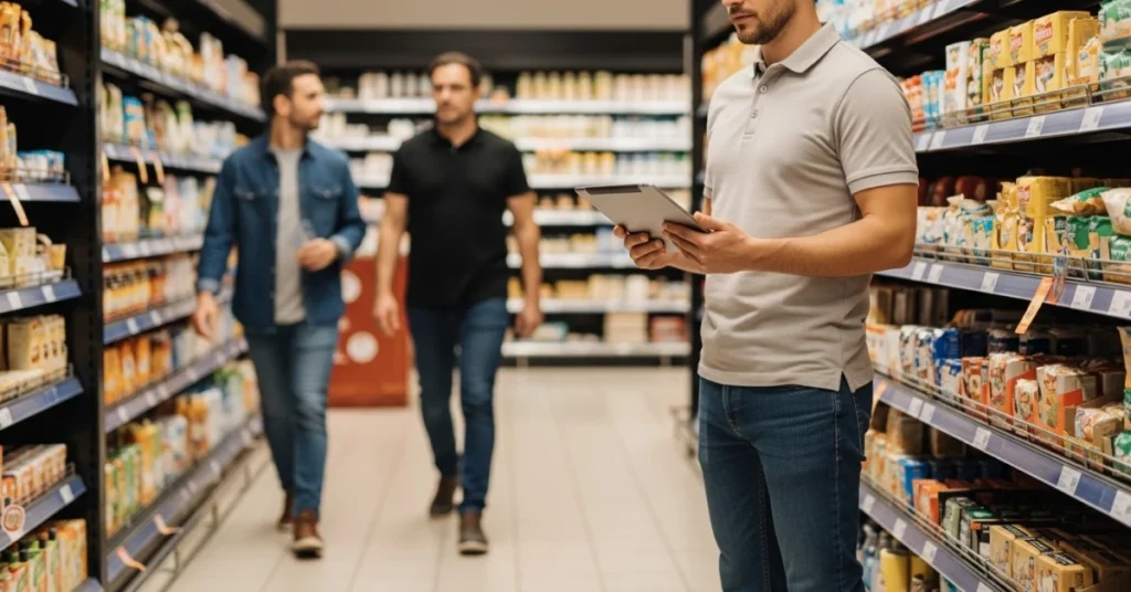 Mağaza koridorunda raf düzenini kontrol ederken tablet üzerinden merchandising raporlaması yapan merchandiser ve arka planda yürüyen müşteriler