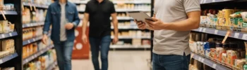 Mağaza koridorunda raf düzenini kontrol ederken tablet üzerinden merchandising raporlaması yapan merchandiser ve arka planda yürüyen müşteriler