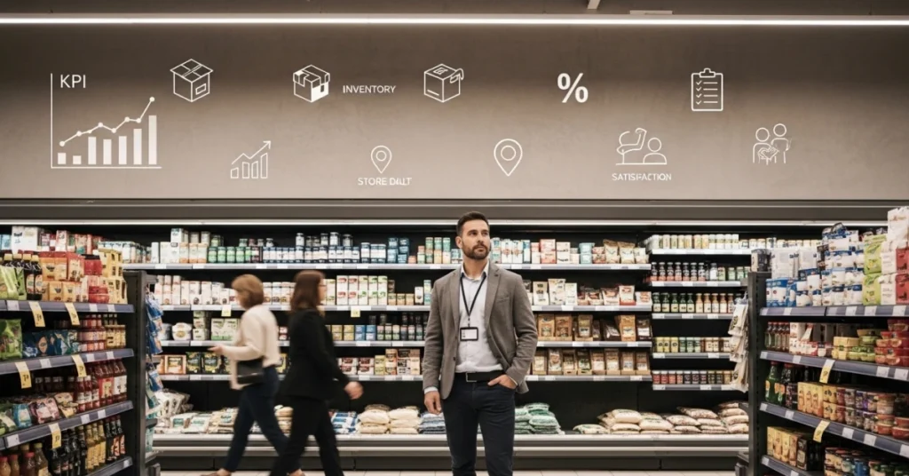 Modern bir süpermarkette mağaza düzenini ve operasyonları denetleyen bir yöneticiyi gösteren sahne, stok, KPI ve müşteri deneyimi takibini yansıtan perakende yönetimi süreci.