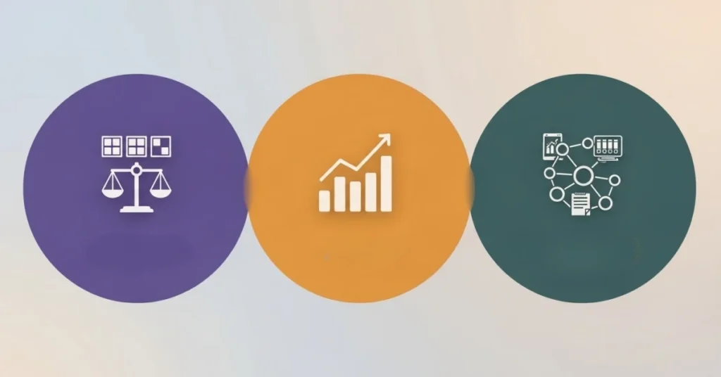 Üç farklı renkte solid daire içinde kategori yönetimi kavramını temsil eden büyüme grafiği, veri bağlantı ağı ve ürün yapısı sembollerinin yer aldığı modern kategori yönetimi görseli.