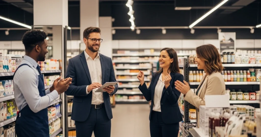 Retail team celebrating strong store success inside a modern supermarket aisle with a store manager reviewing performance results.