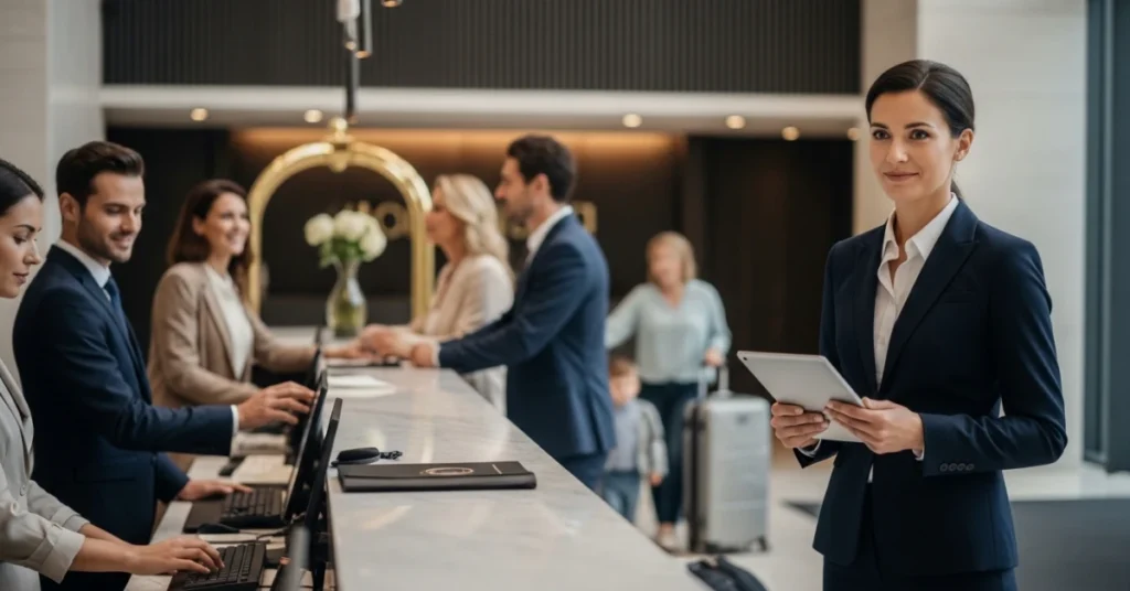 Modern bir otel lobisinde tablet ile kontrol yapan profesyonel denetçi ve resepsiyonda hizmet alan misafirlerin yer aldığı otel denetimi sahnesi.