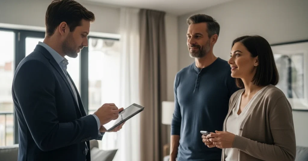 Professional inspector using a tablet while conducting rental property inspections with two residents inside a modern apartment.