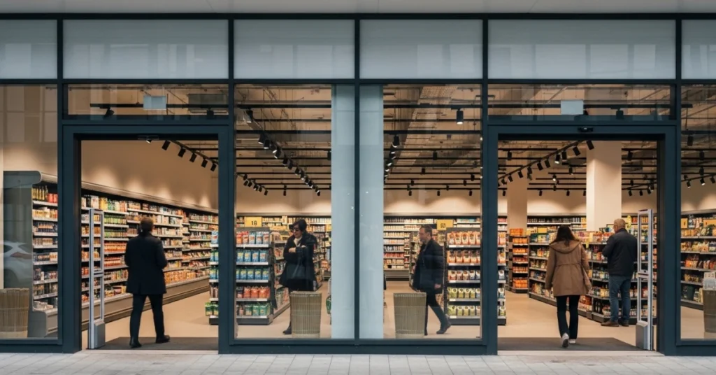 Exterior view of a modern retail store with visible interior shelves and customers browsing, illustrating Retail Shelf Strategy in a real shopping environment.