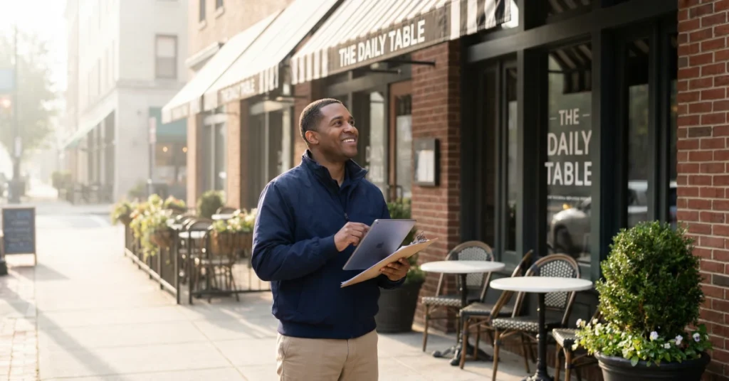 Restaurant inspector using a tablet to check exterior conditions outside a restaurant entrance during a routine inspection