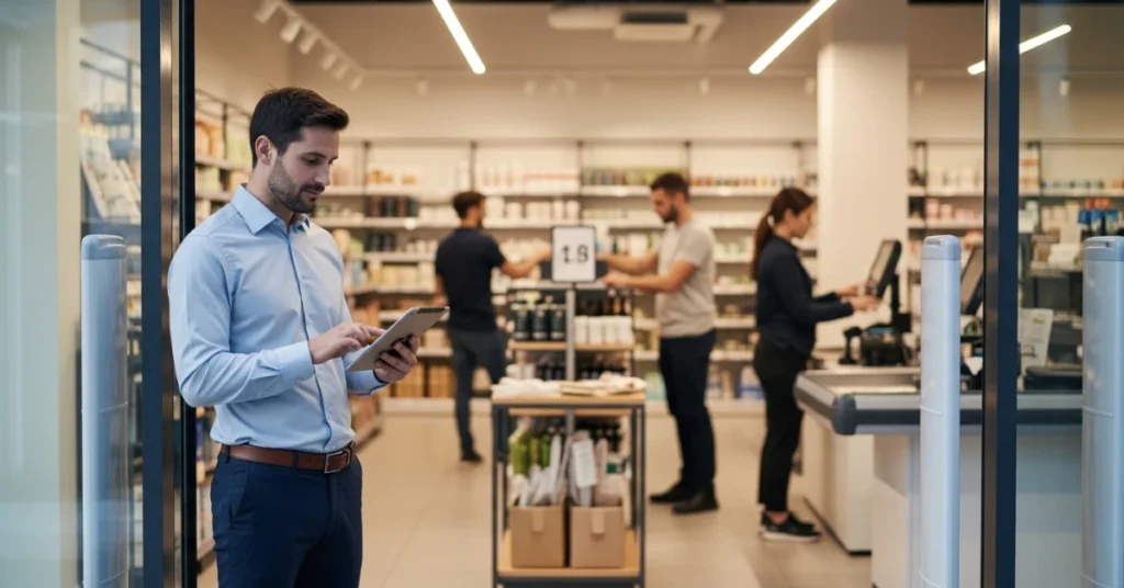 Store manager checking a tablet inside a retail shop while staff prepare for opening according to the store schedule.